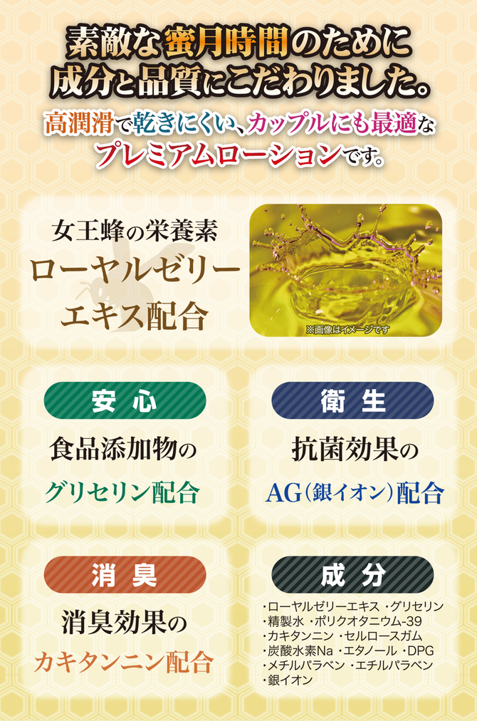 BEE Lotion さらさらプレミアム 300ml【長時間楽しめる！うるおい超持続 つぎたし不要 ローヤルゼリー グリセリン 銀イオン カキタンニン配合】 商品説明画像2